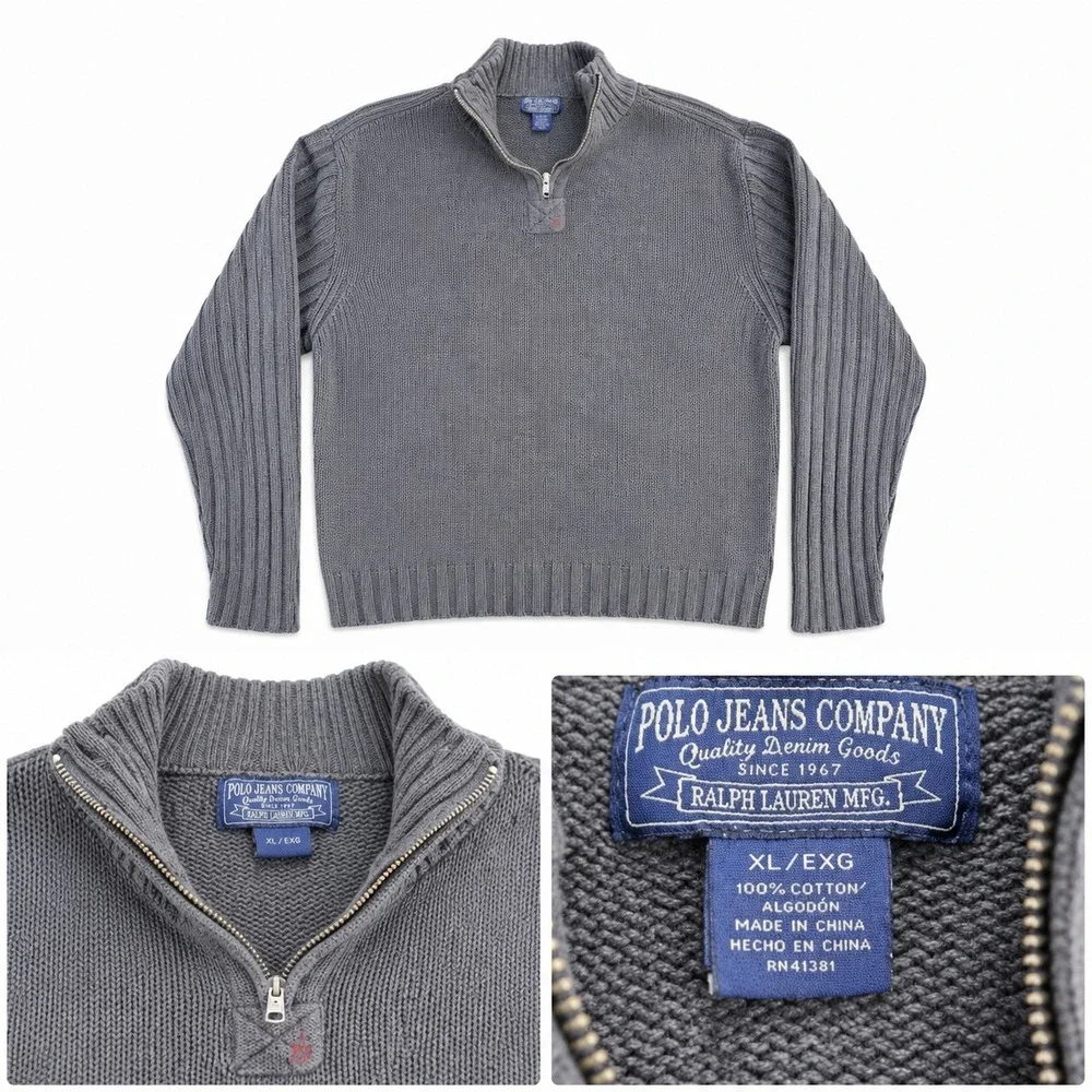 Ralph Lauren Polo jeans company Sweater Men's XL gray 1/4 Zip Long Sleeve